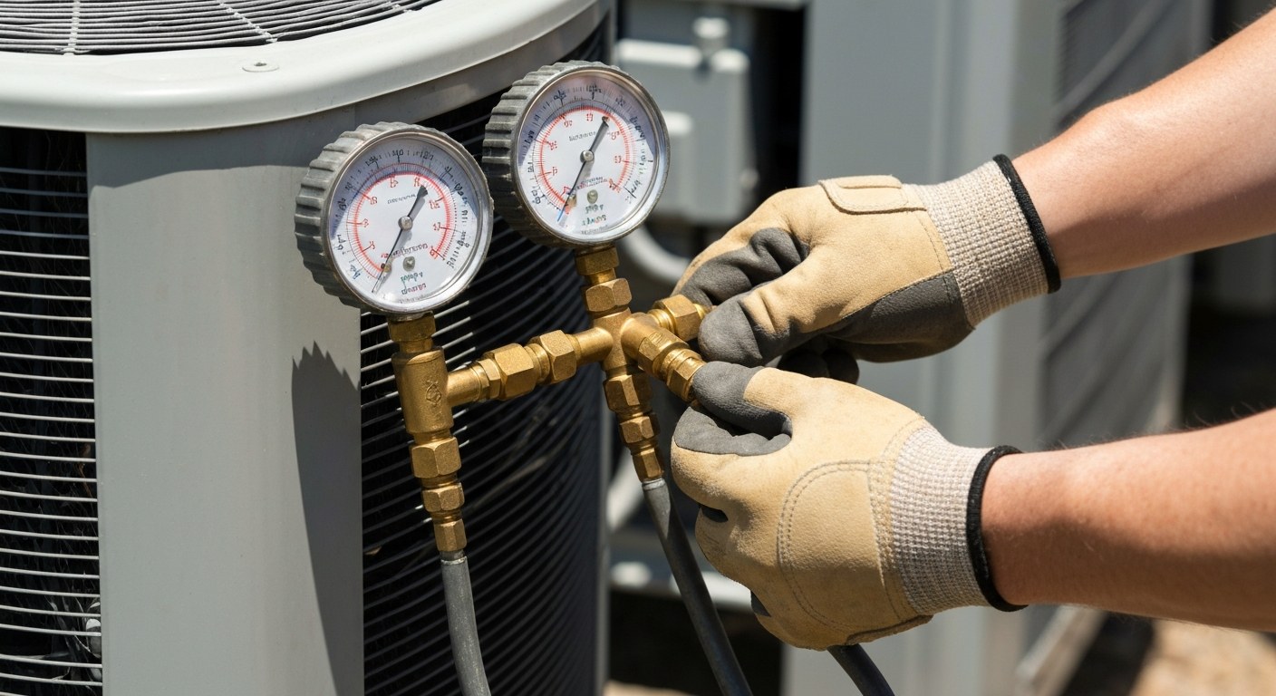 Refrigerant gauges connected to a residential AC unit