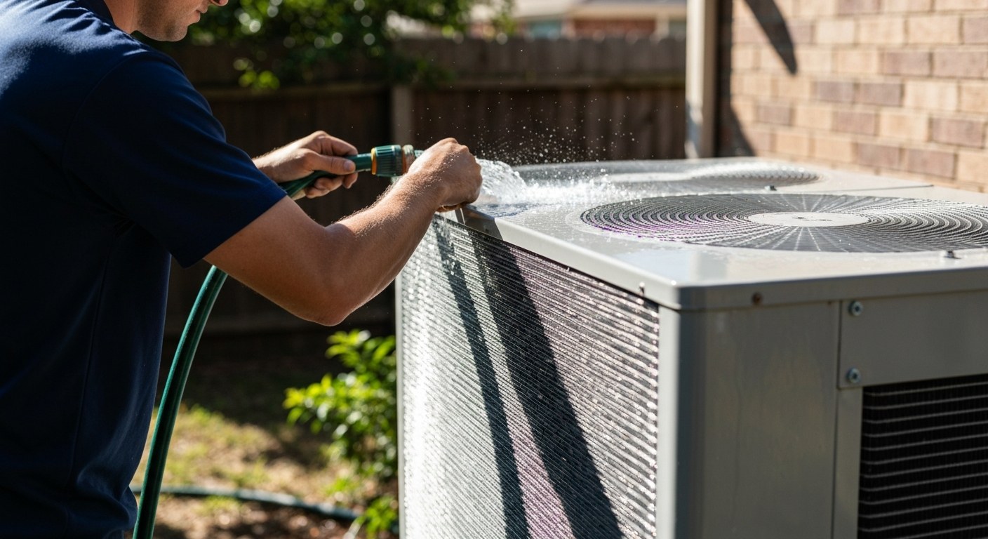 Technician cleaning AC condenser coils during a tune-up