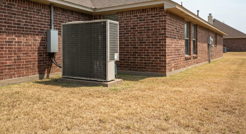 An aging AC condenser beside a Texas brick home