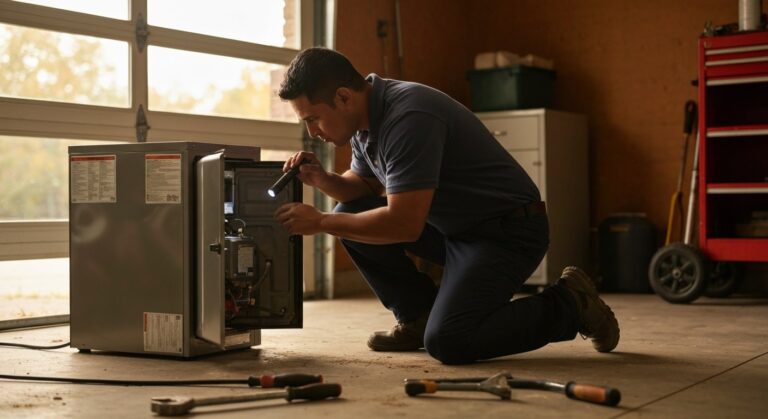Technician performing fall furnace maintenance