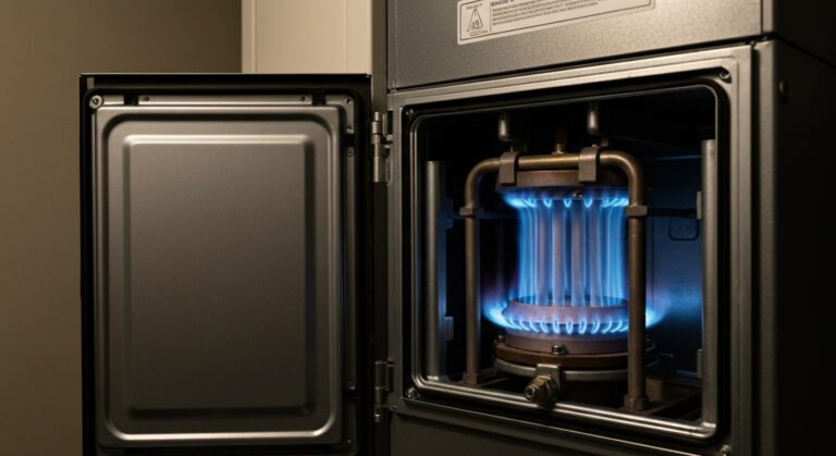 Furnace burner flames during an inspection